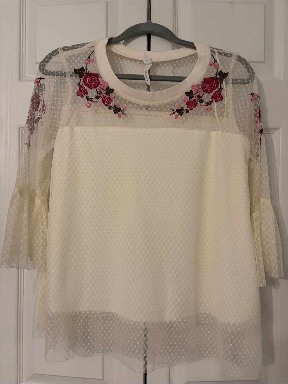 NY Collection Cream Sheer Dot Mesh Pink Rose Floral Ruffle Embroidered Blouse M